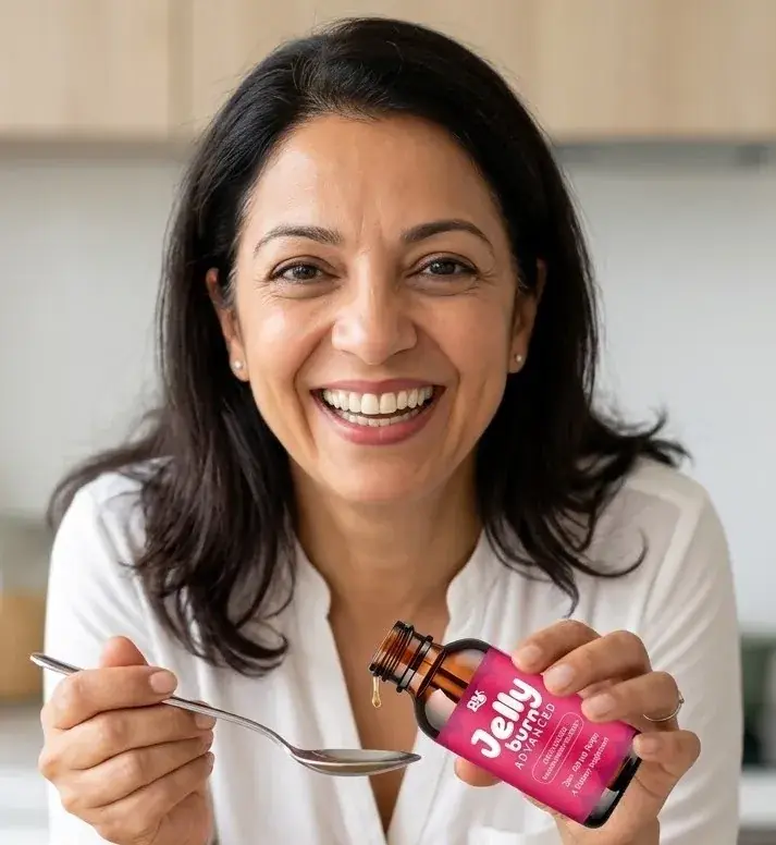 Happy woman using Jelly Burn Advanced drops with a spoon.-testimonial -1